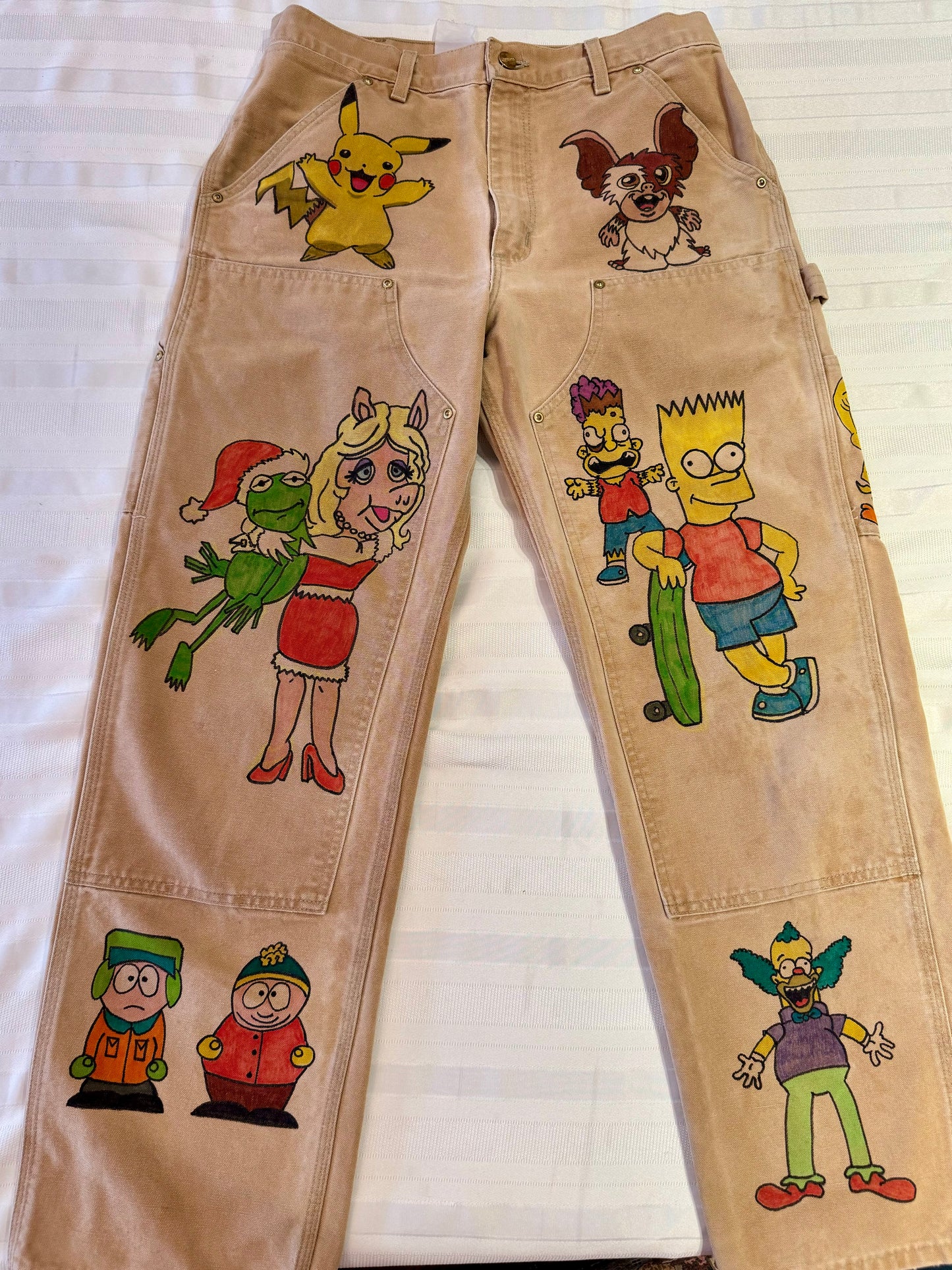 Miss Piggy Pants- 32x30- Vintage one of kind hand drawn double knee cartoon Carhartt pants