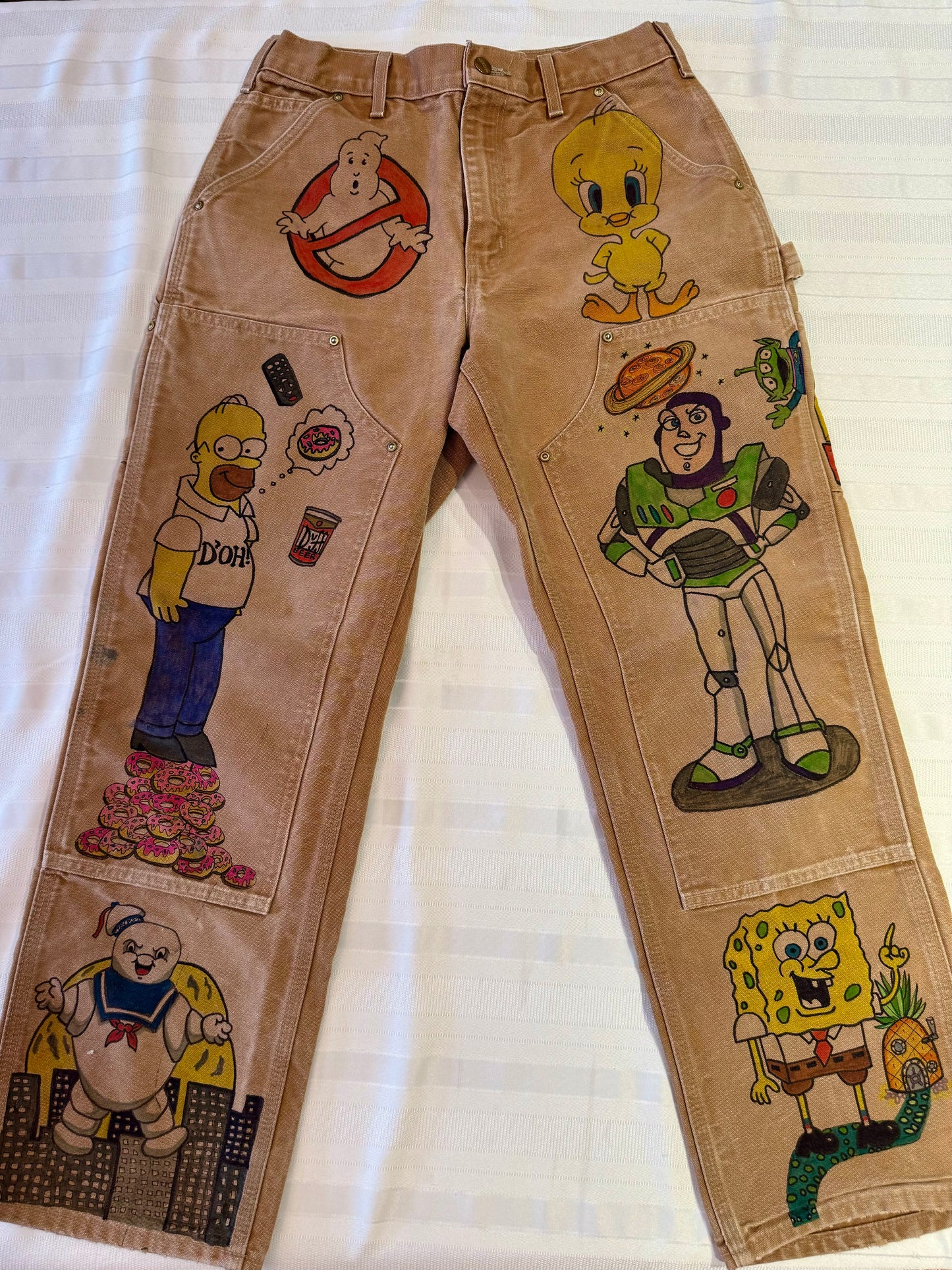 Sponge Bob Pants- 30x30- Vintage one of a kind hand drawn double knee Cartoon Carhartt pants