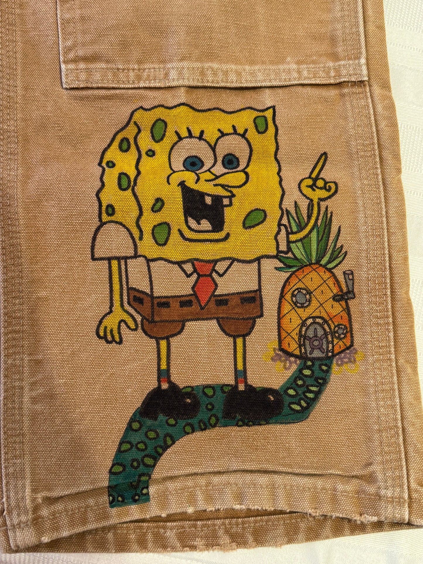 Sponge Bob Pants- 30x30- Vintage one of a kind hand drawn double knee Cartoon Carhartt pants