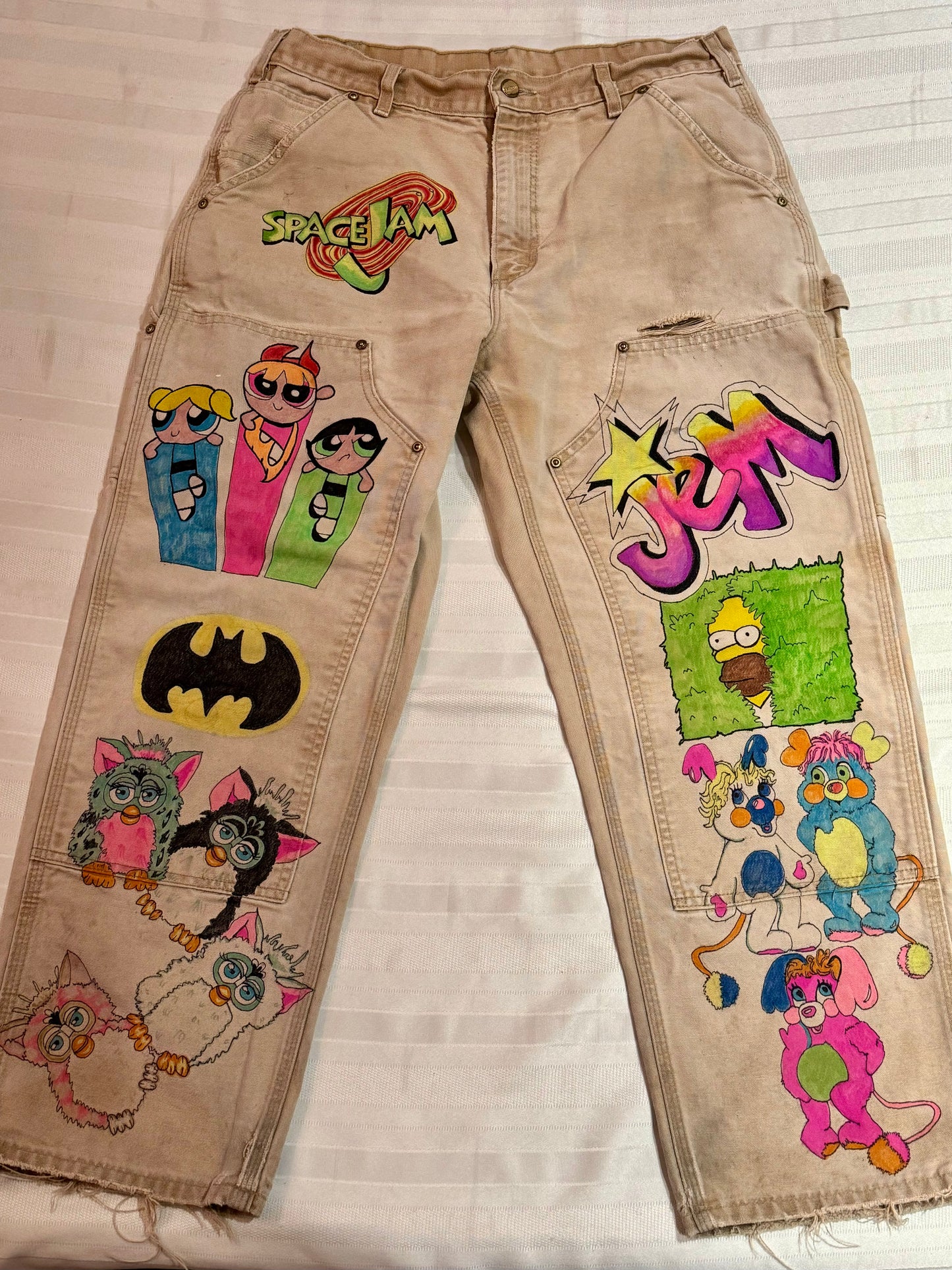 Power Puff Pants- 33x26- Vintage one of a kind hand drawn double knee Cartoon Carhartt pants