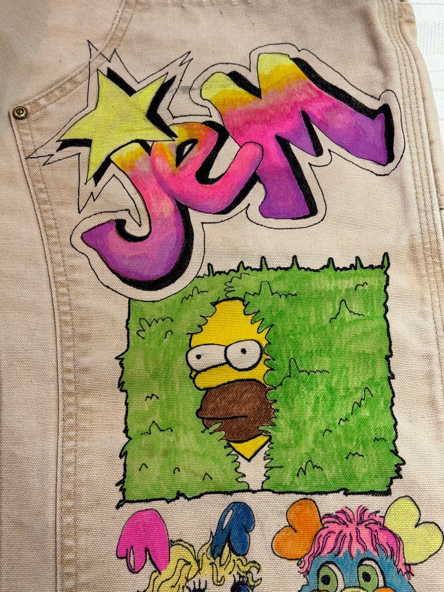 Power Puff Pants- 33x26- Vintage one of a kind hand drawn double knee Cartoon Carhartt pants