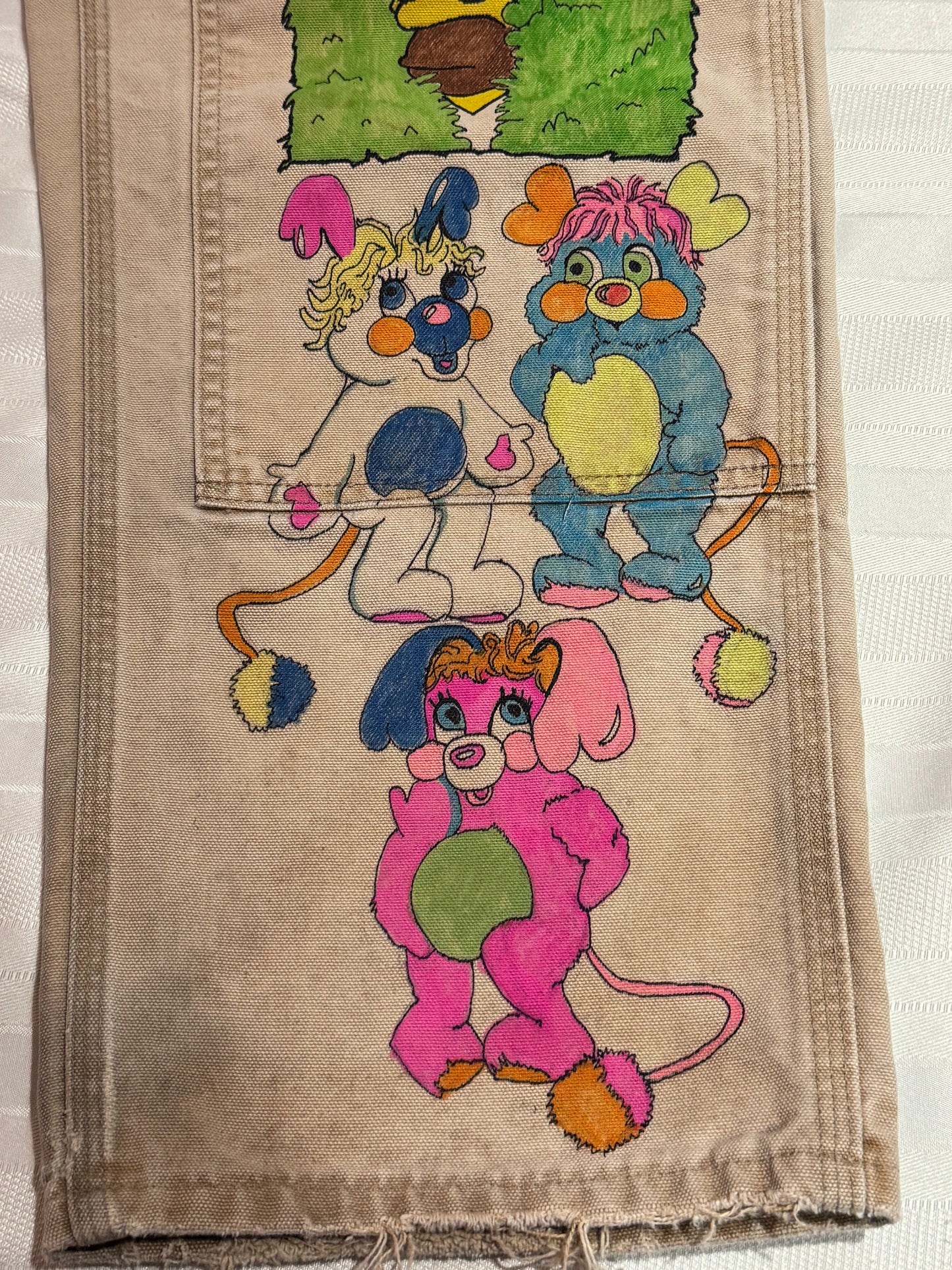 Power Puff Pants- 33x26- Vintage one of a kind hand drawn double knee Cartoon Carhartt pants