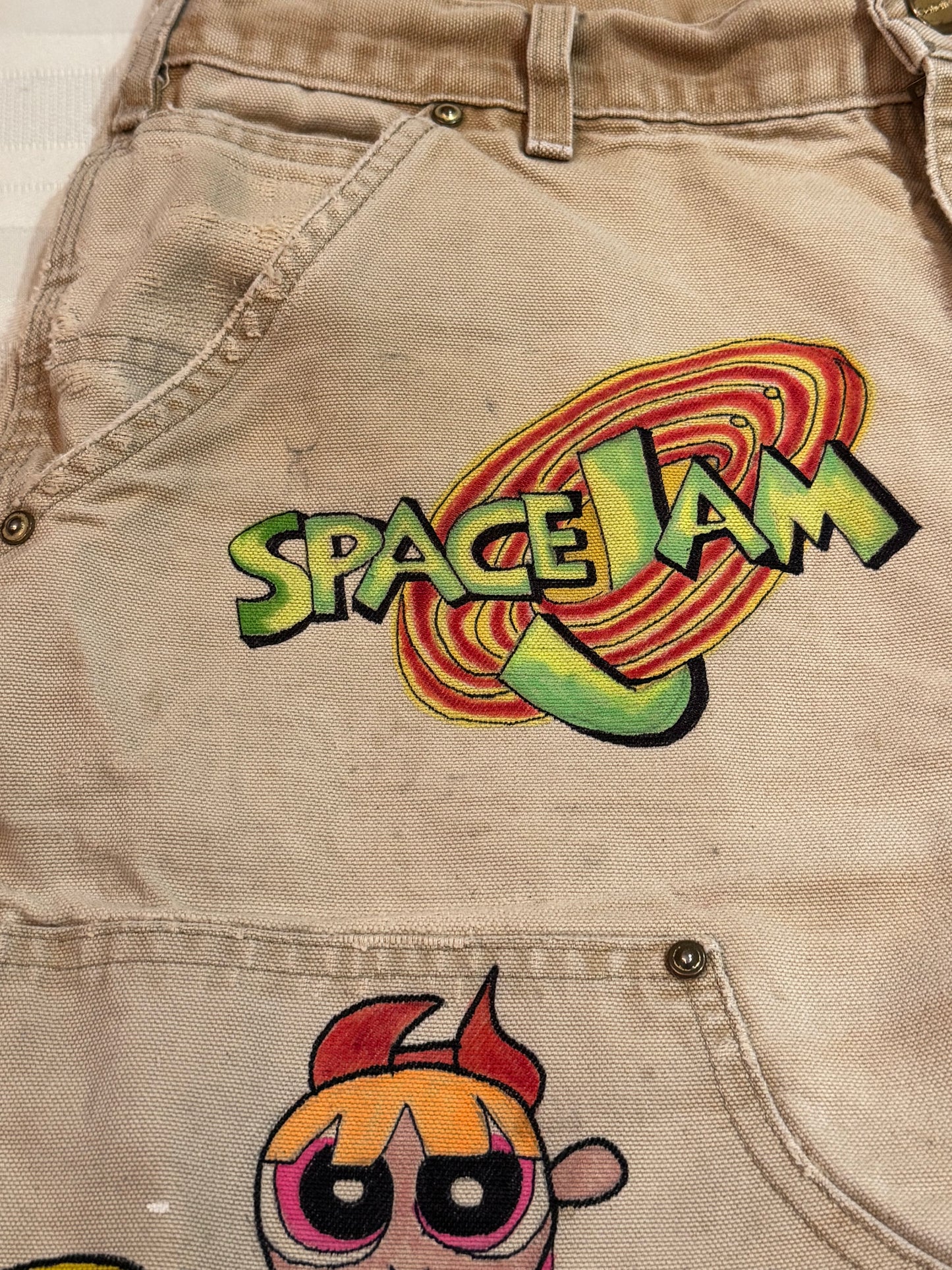 Power Puff Pants- 33x26- Vintage one of a kind hand drawn double knee Cartoon Carhartt pants