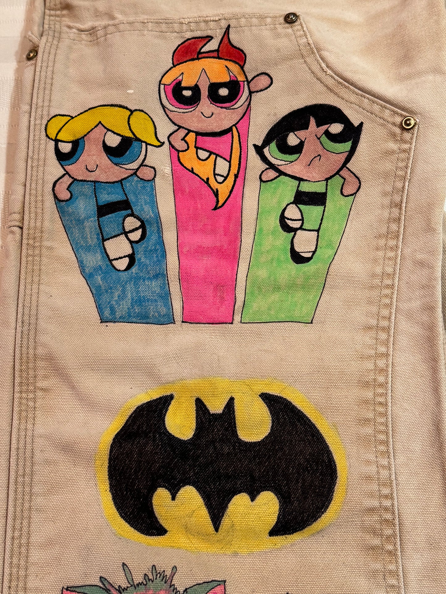 Power Puff Pants- 33x26- Vintage one of a kind hand drawn double knee Cartoon Carhartt pants