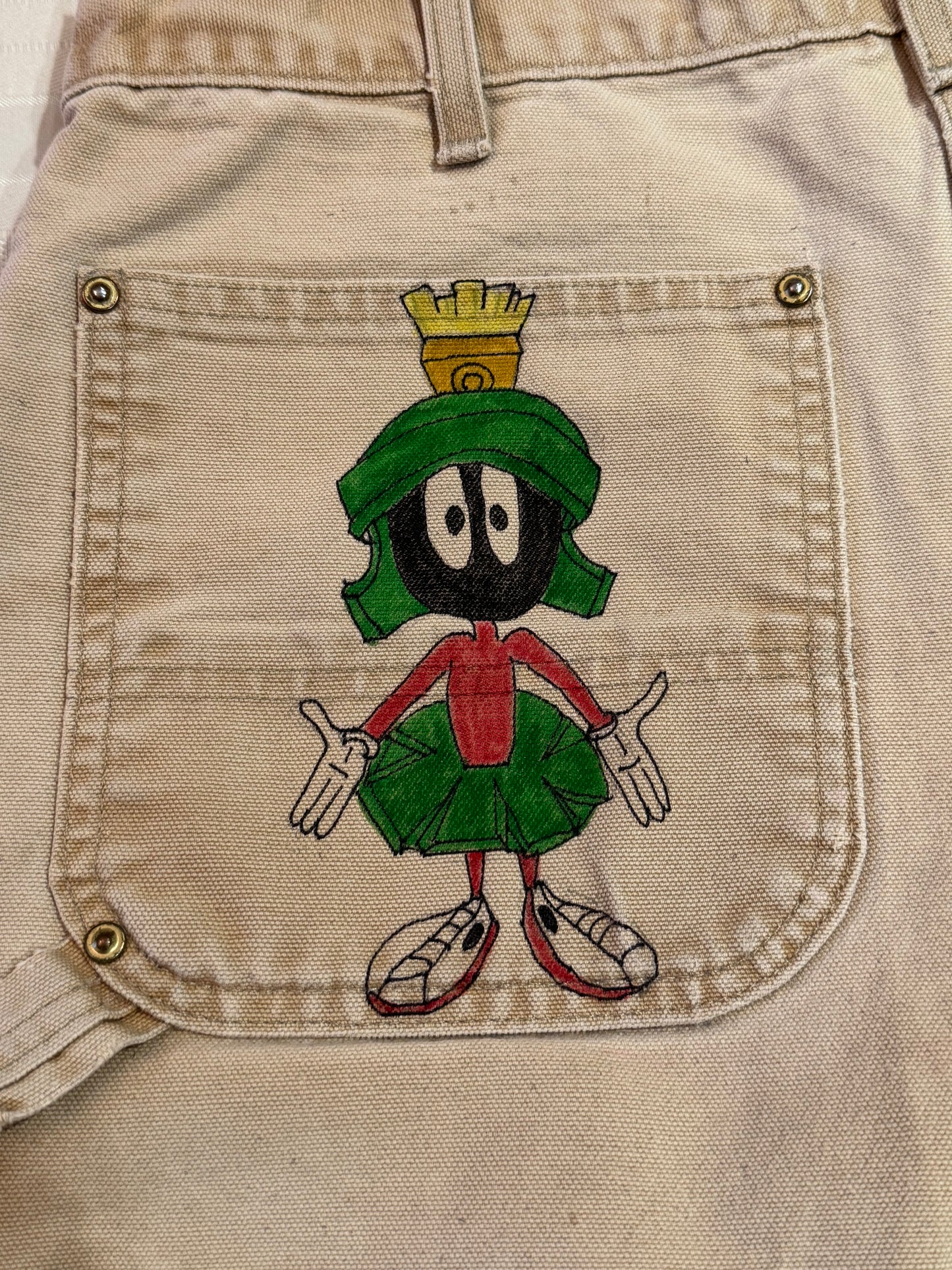 Power Puff Pants- 33x26- Vintage one of a kind hand drawn double knee Cartoon Carhartt pants