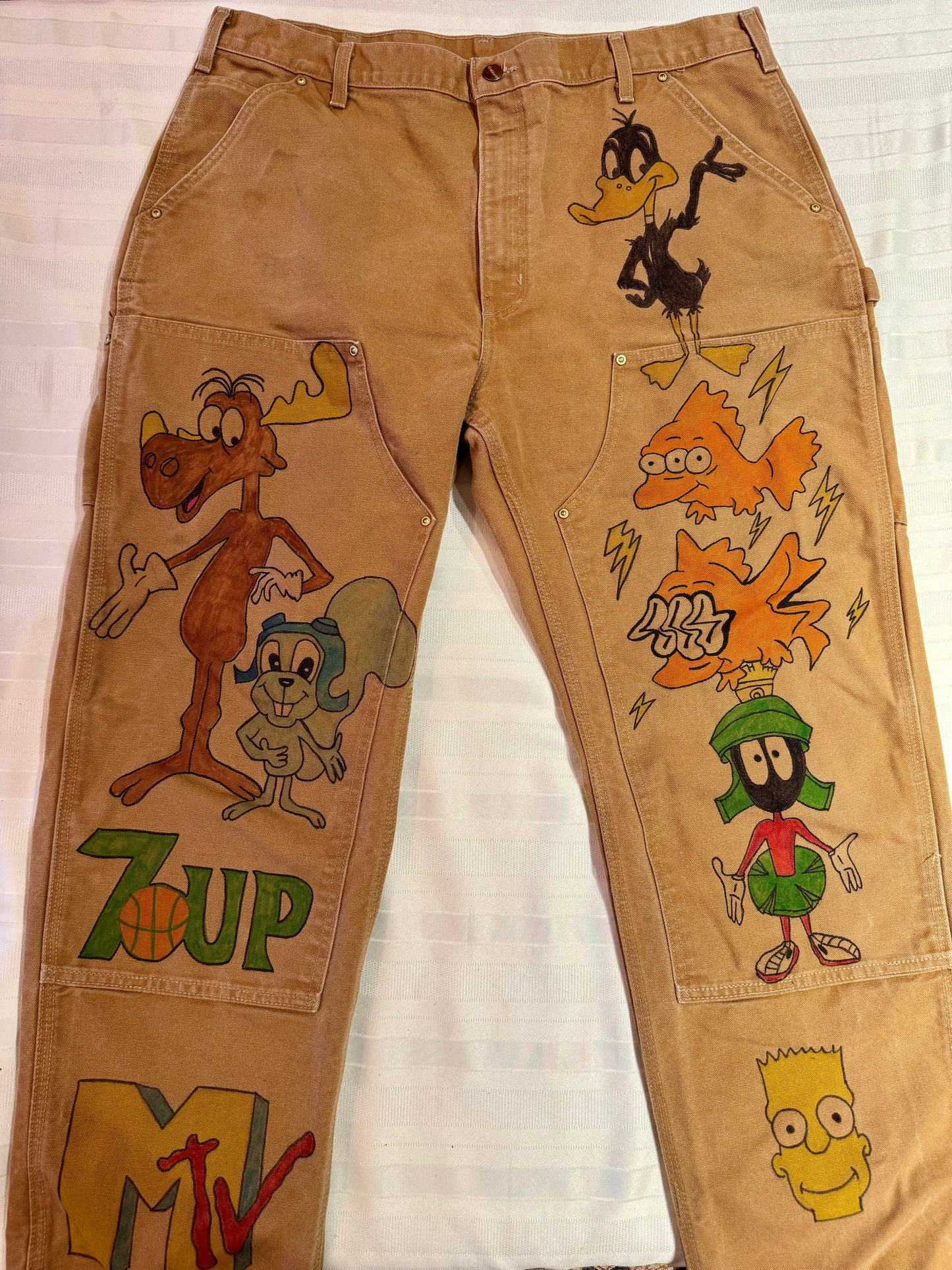 2.Daffy Duck Pants- 40x29- Vintage one of a kind hand drawn double knee Cartoon Carhartt pants