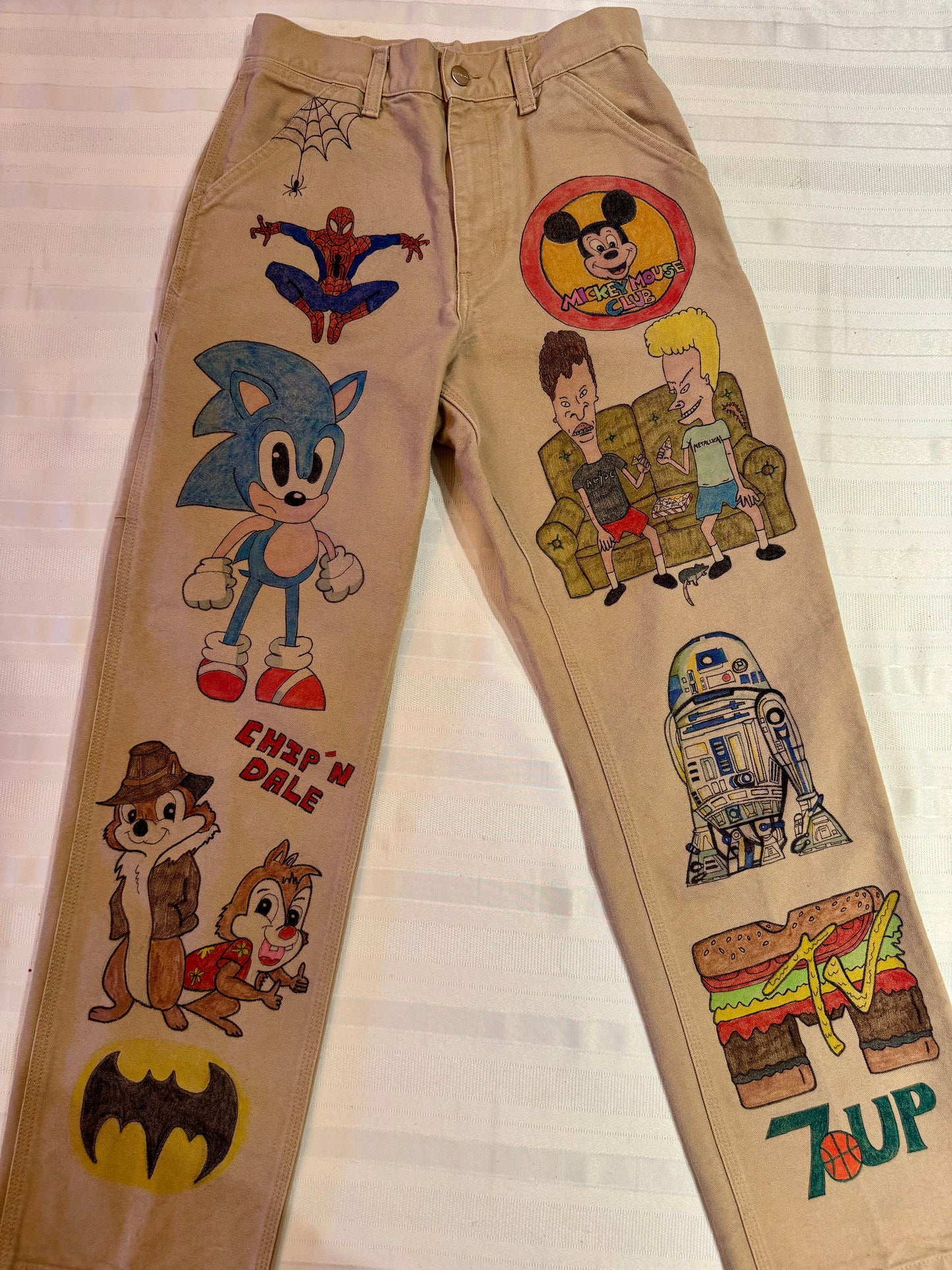 Spiderman Pants- 26x30- Vintage one of a kind hand drawn double knee Cartoon Carhartt pants