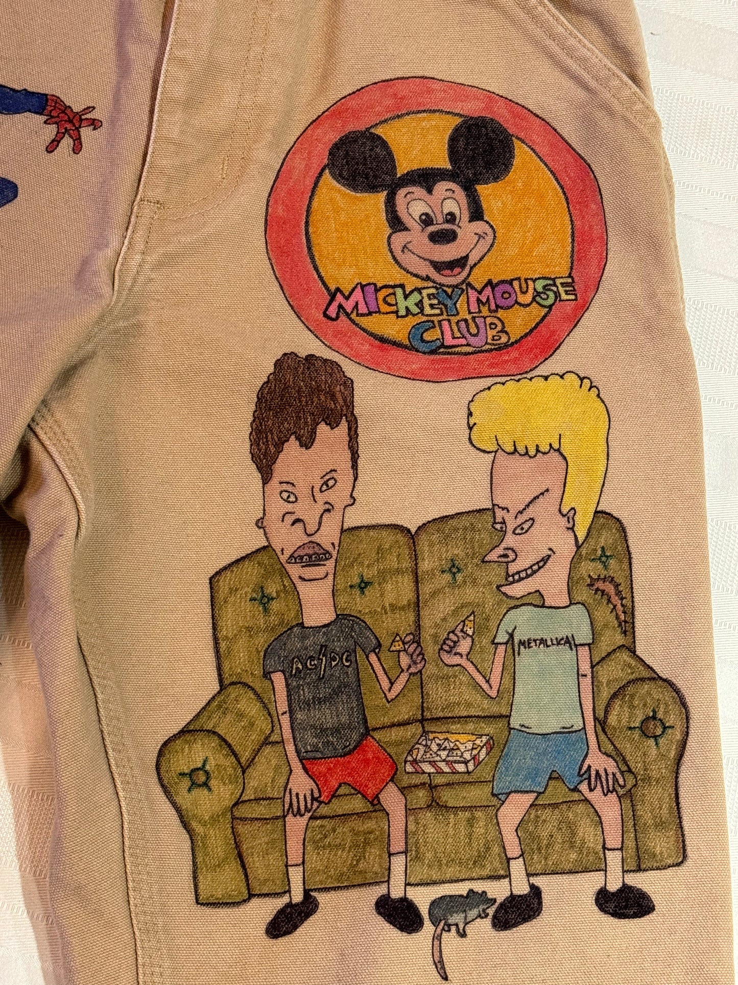 Spiderman Pants- 26x30- Vintage one of a kind hand drawn double knee Cartoon Carhartt pants