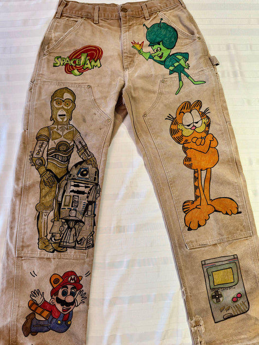 C3PO and R2D2 Pants- 32x31 Vintage one of a kind hand drawn double knee cartoon Carhartt pants