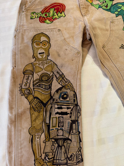 C3PO and R2D2 Pants- 32x31 Vintage one of a kind hand drawn double knee cartoon Carhartt pants