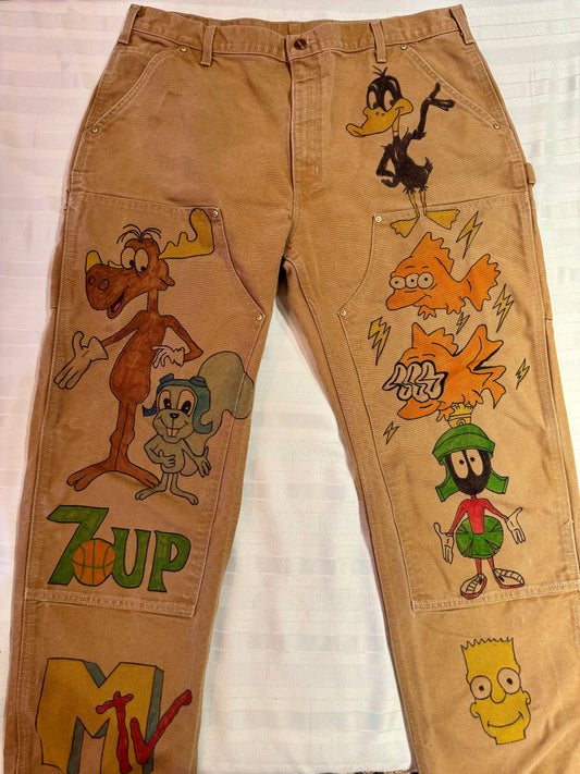 6.Daffy Duck Pants- 40x29- Vintage one of a kind hand drawn double knee Cartoon Carhartt pants