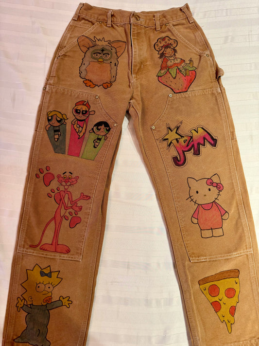 Furby Pants- 27x28.5 Vintage one of a kind hand drawn double knee Cartoon Carhartt pants