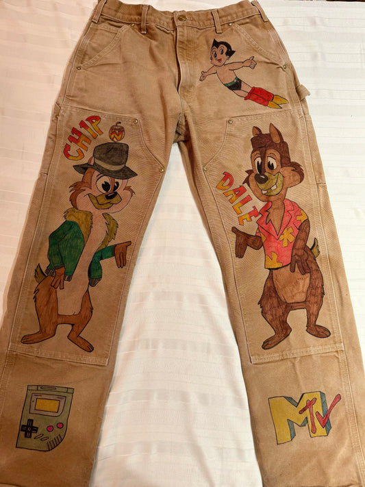 Chip n' Dale: Rescue Rangers Pants-32x31- Vintage one of a kind hand drawn double knee Cartoon Carharrt pants