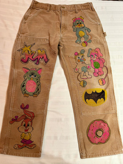 Jem Pants- 34x 27- Vintage one of a kind hand drawn double knee Cartoon Carhartt pants