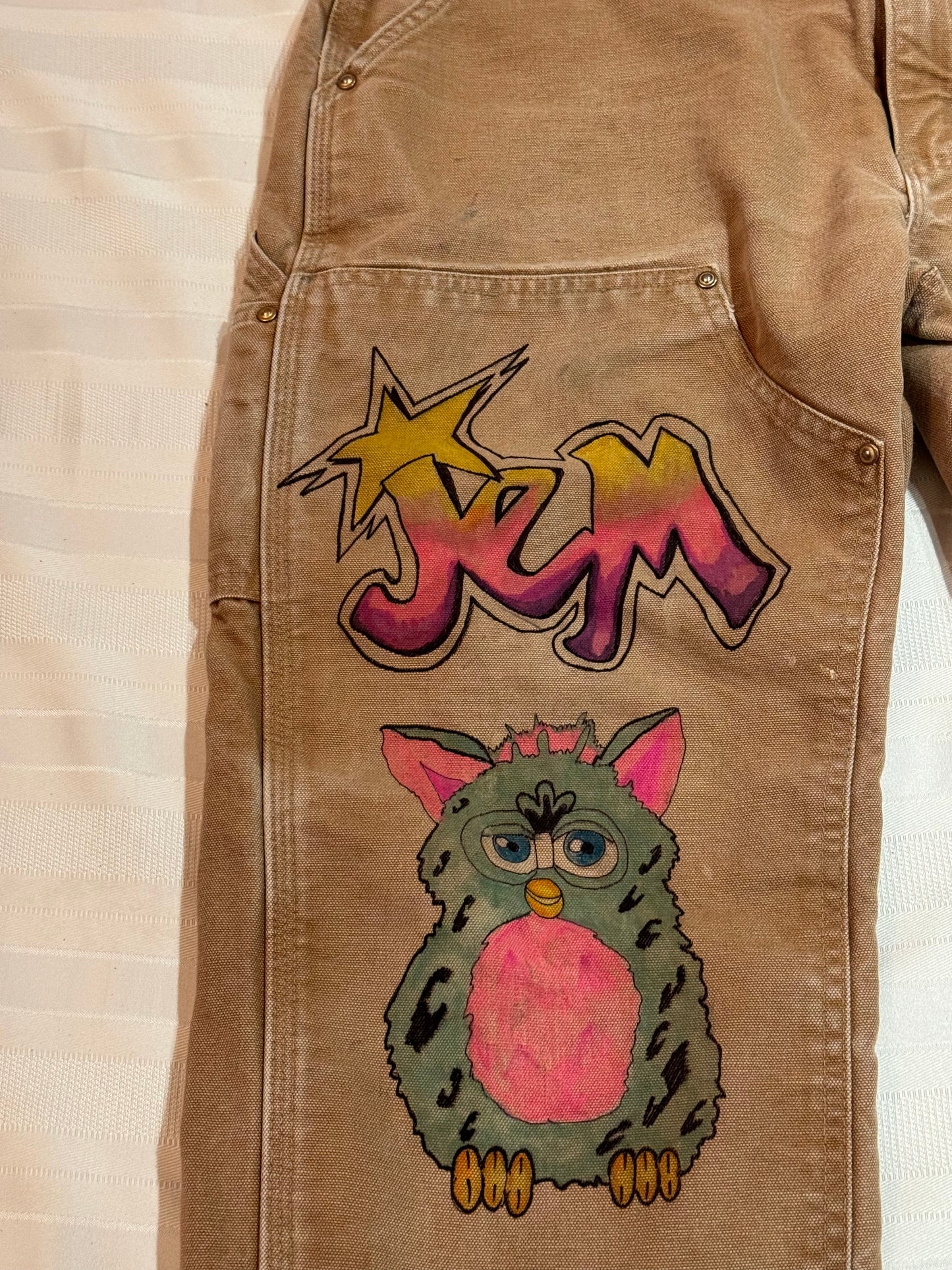 Jem Pants- 34x 27- Vintage one of a kind hand drawn double knee Cartoon Carhartt pants