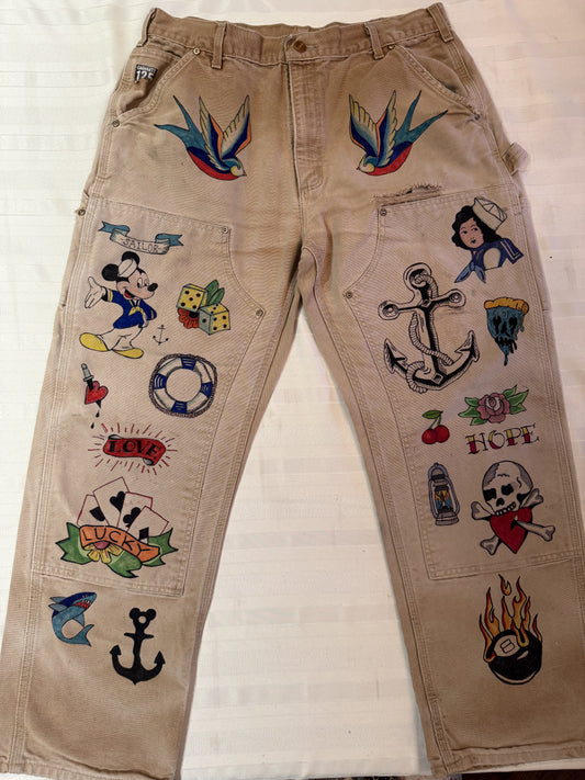 6. Tattoo Carhartt Pants-34x28- Vintage hand drawn double knee pants