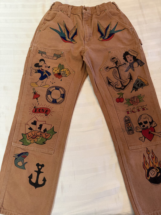 3. Tattoo Carhartt Pants-28x28.5- Vintage hand drawn double knee pants