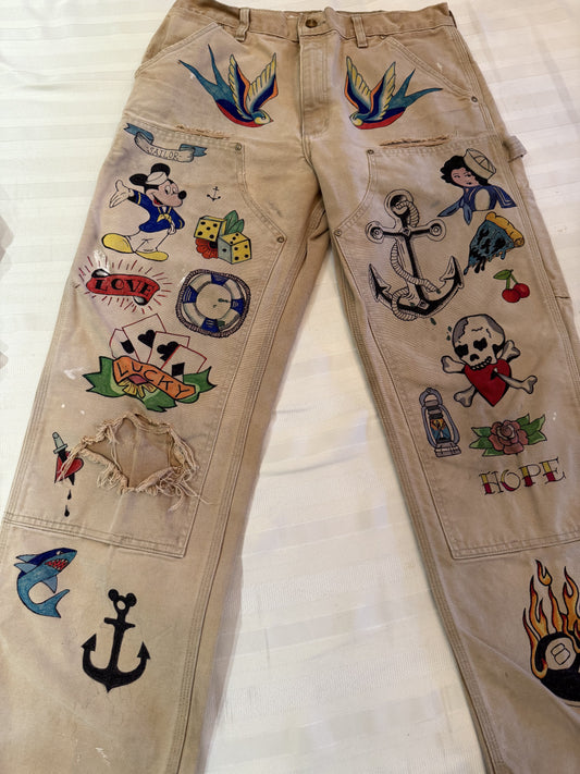 4. Tattoo Carhartt Pants 34x30- Vintage hand drawn double knee pants