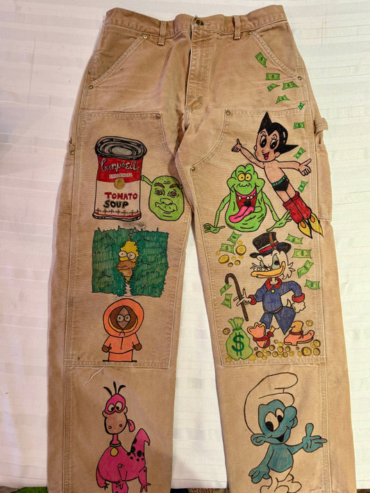 Astro Boy Pants -32x29.5-Vintage one of a kind hand drawn double knee Cartoon Carhartt pants