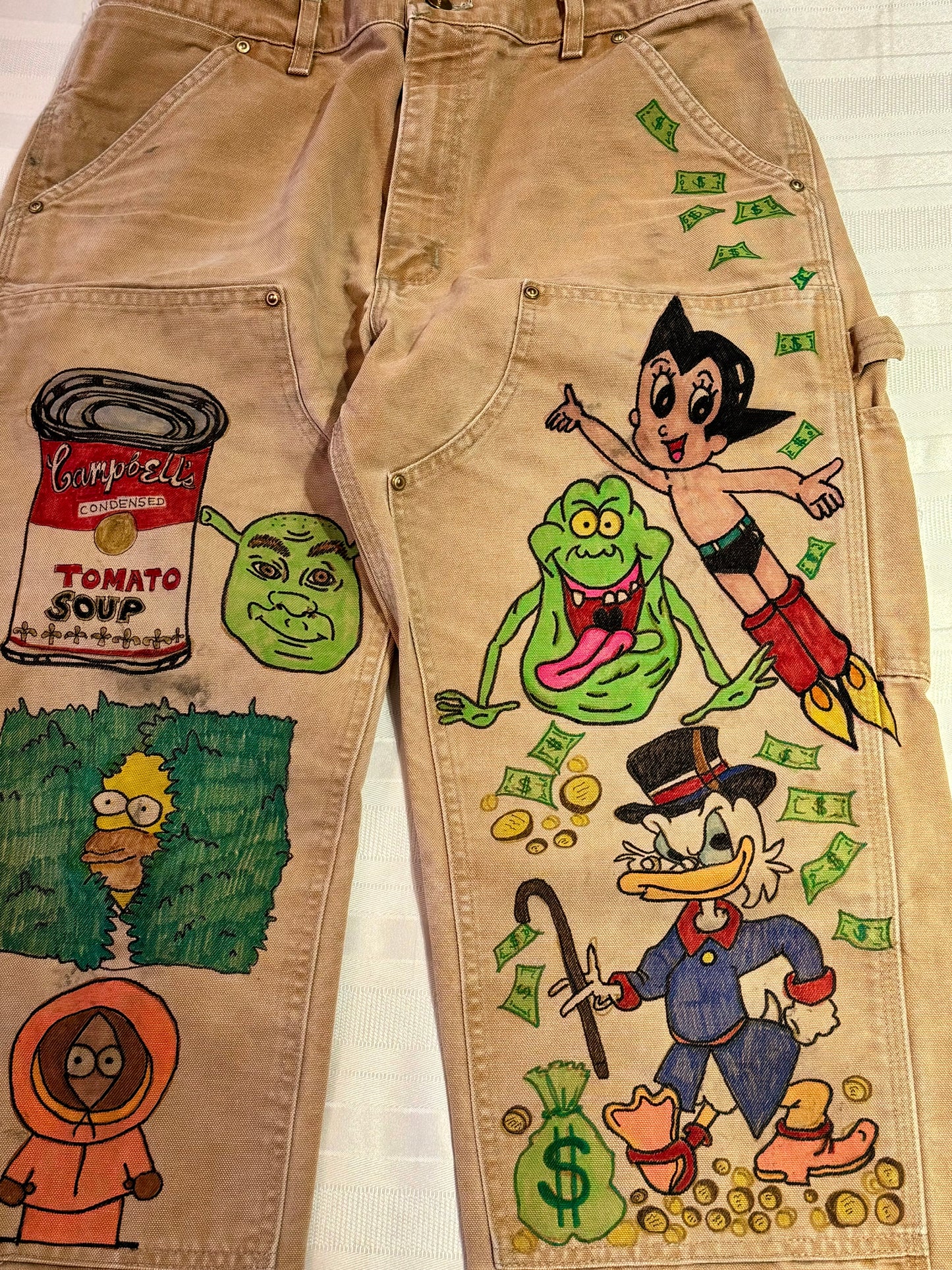 Astro Boy Pants -32x29.5-Vintage one of a kind hand drawn double knee Cartoon Carhartt pants